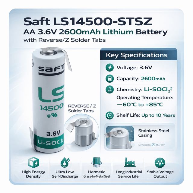 Saft Ls14500-stsz Aa 3.6v 2600mah Lithium Battery With Reverse/z Solder Tabs Saft Batteries Saft Lithium Batteries