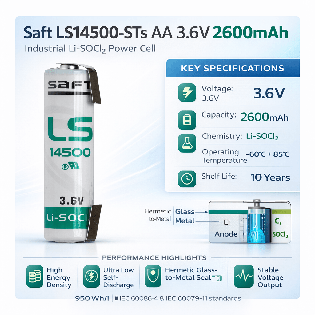 Saft Ls14500-sts Aa 3.6v 2600mah Lithium Battery With Solder Tabs Saft Batteries Saft Lithium Batteries
