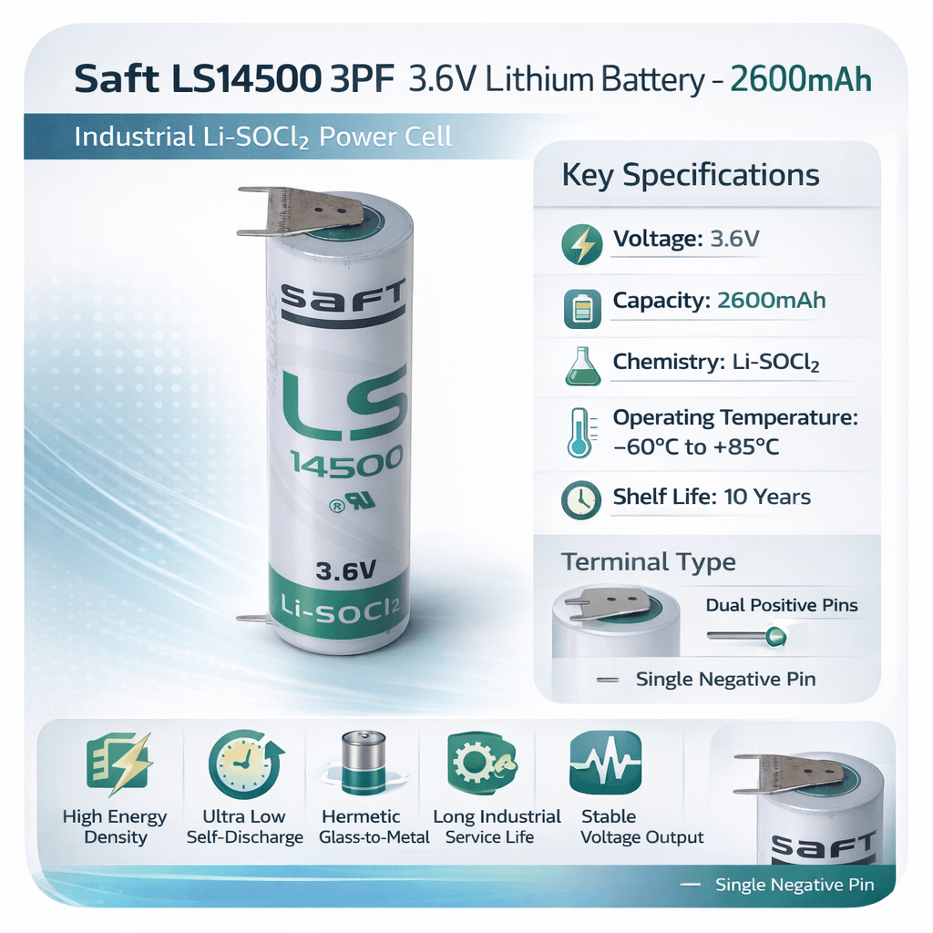 Saft Ls14500 Aa Lithium Battery 3.6v 2600mah With Dual Positive Pins & Single Negative Pin