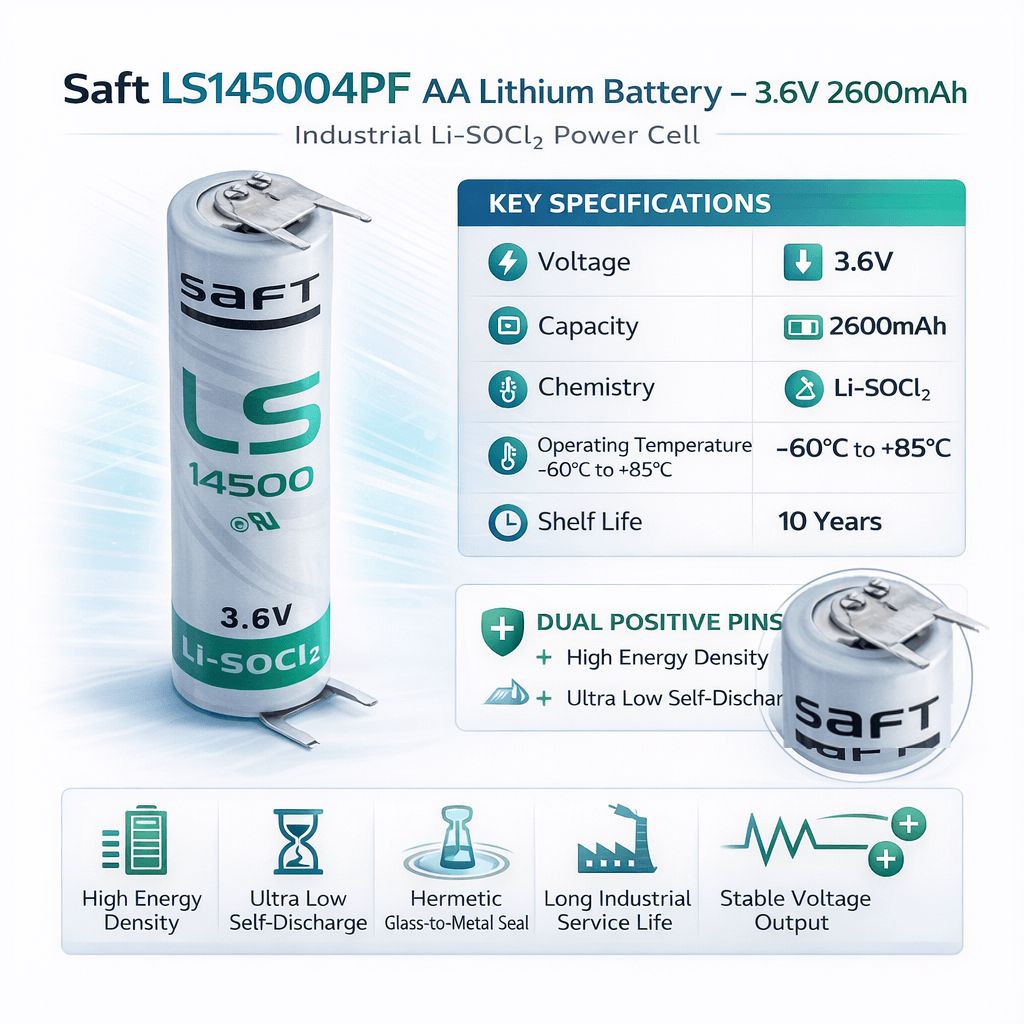 Saft Ls14500 Aa Lithium Battery 3.6v 2600mah With Dual Positive Pins & Dual Negative Pin