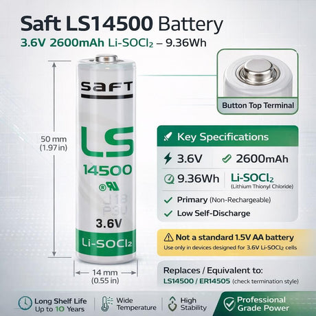 Saft LS14500 Battery 3.6V AA Lithium ER14505 Equivalent – 2600mAh Saft Batteries Saft Lithium Batteries