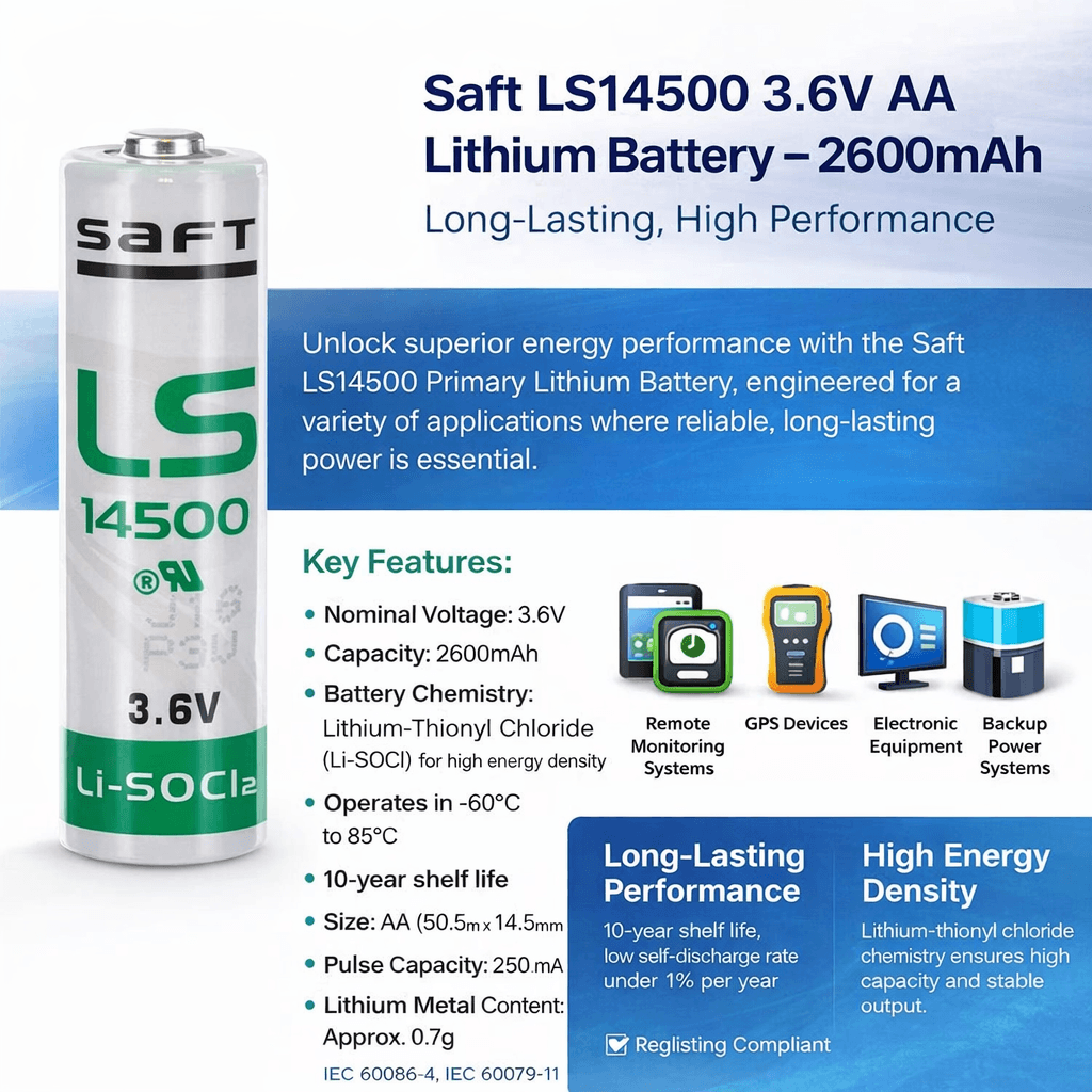 Saft LS14500 Battery 3.6V AA Lithium ER14505 Equivalent – 2600mAh Saft Batteries Saft Lithium Batteries
