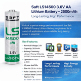 Saft LS14500 Battery 3.6V AA Lithium ER14505 Equivalent – 2600mAh Saft Batteries Saft Lithium Batteries