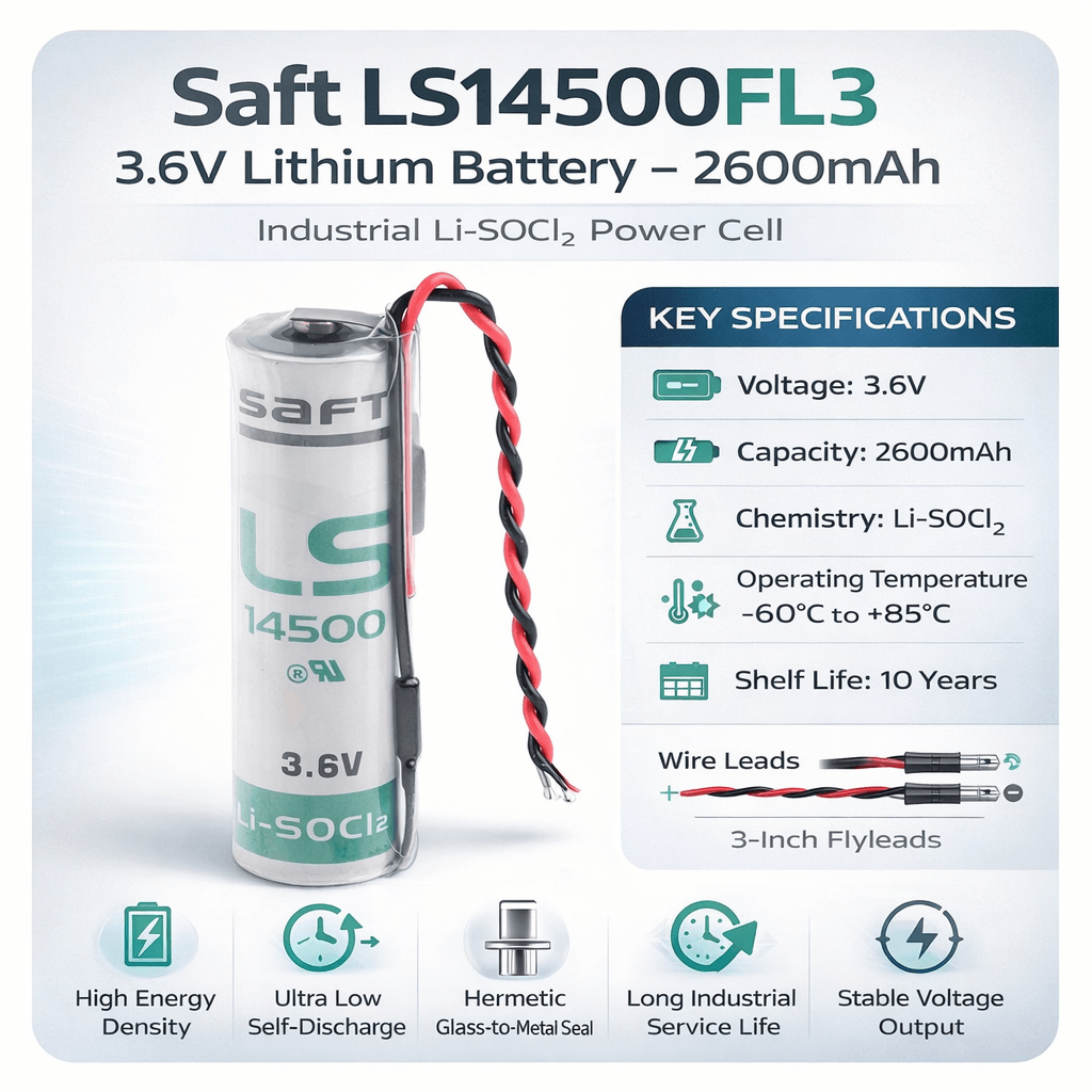 Saft Ls14500 With 3 Inch Flyleads, Aa Lithium Battery 3.6v 2600mah Saft Batteries Saft Lithium Batteries