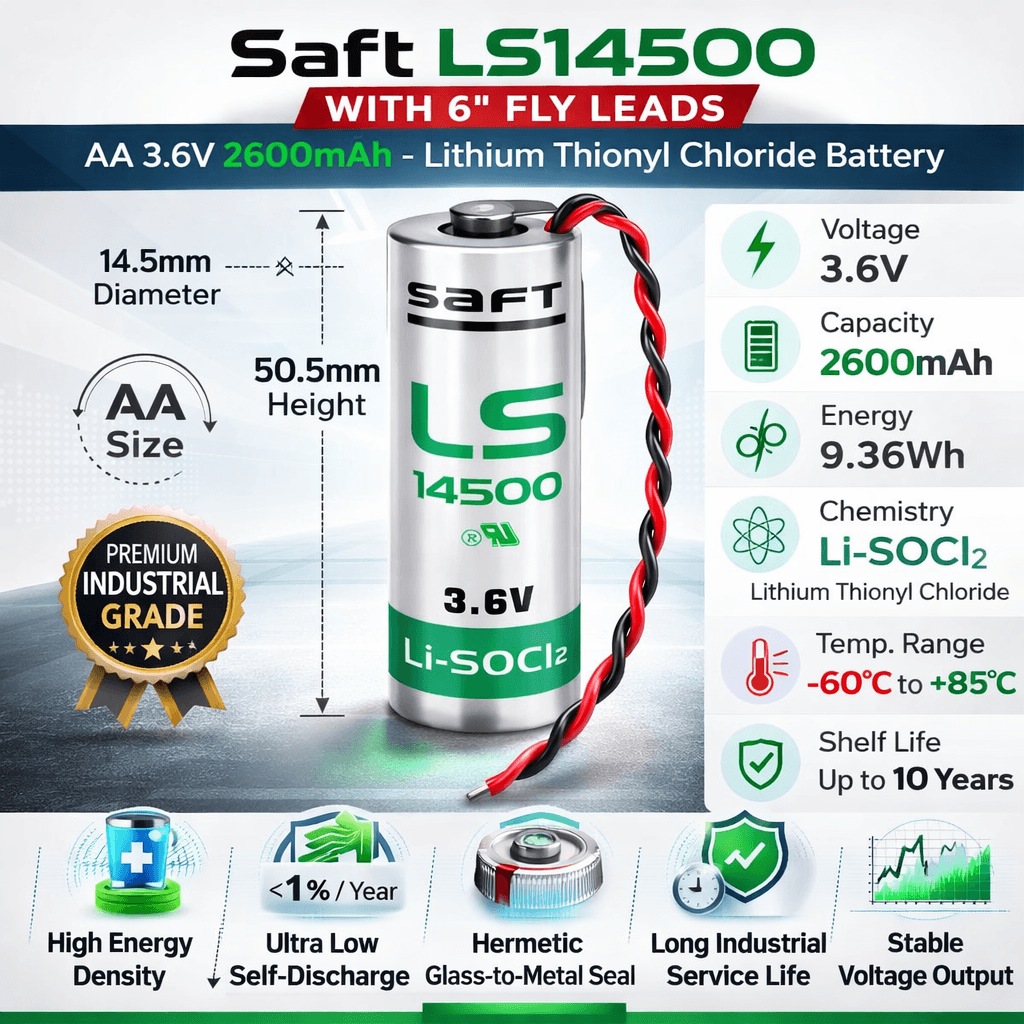 Saft Ls14500 With 6 Inch Fly Leads, Aa 3.6v 2600mah