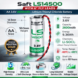 Saft Ls14500 With 6 Inch Fly Leads, Aa 3.6v 2600mah