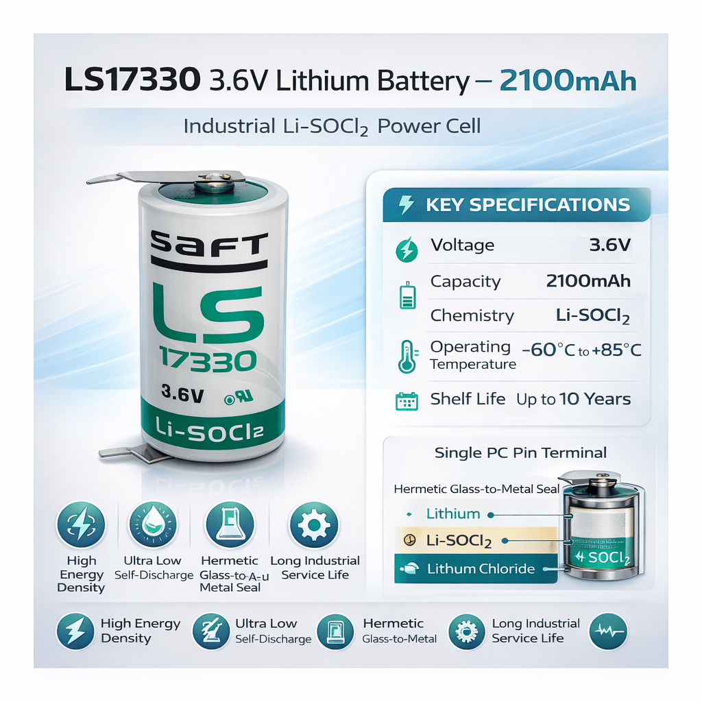 Saft Ls17330, 2/3 A 3.6v 2100mah Battery With Single Pc Pins