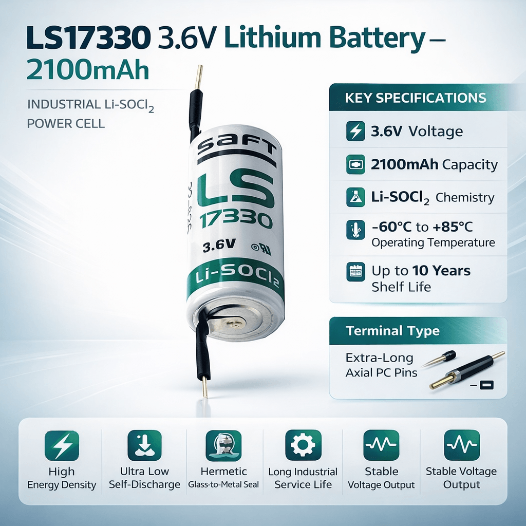 Saft Ls17330 Extra-long Axial Style Pc Pin 2/3a 3.6v 2100mah Battery