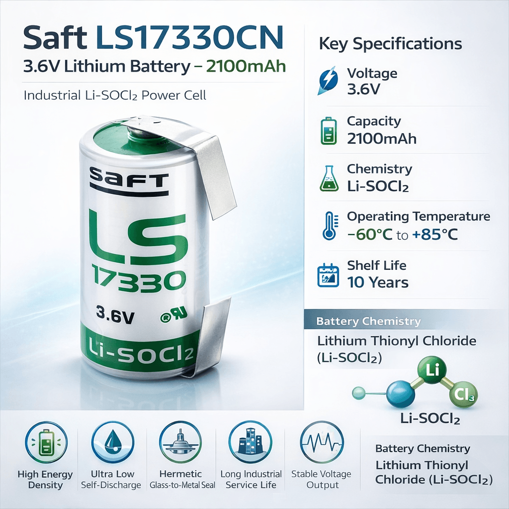 Saft Ls17330 2/3a 3.6v 2100mah Battery With Uni-directional Tabs