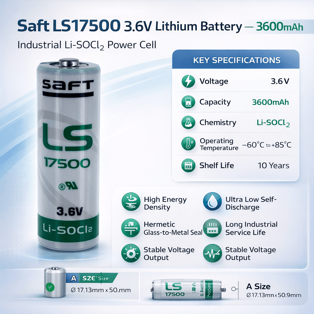 Battery Model Saft Ls 17500, 6135-01-524-7621, Ls17500, Ls17500-ba 3.6v, 3600 Mah - 12.96wh Saft Batteries Saft Lithium Batteries