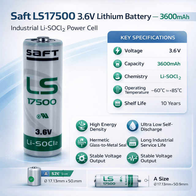 Battery Model Saft Ls 17500, 6135-01-524-7621, Ls17500, Ls17500-ba 3.6v, 3600 Mah - 12.96wh Saft Batteries Saft Lithium Batteries