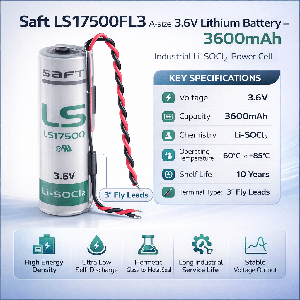 Saft Ls17500 A-size 3.6v 3600mah Battery With 3" Fly Leads Saft Batteries Saft Lithium Batteries