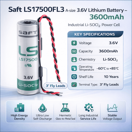 Saft Ls17500 A-size 3.6v 3600mah Battery With 3" Fly Leads Saft Batteries Saft Lithium Batteries