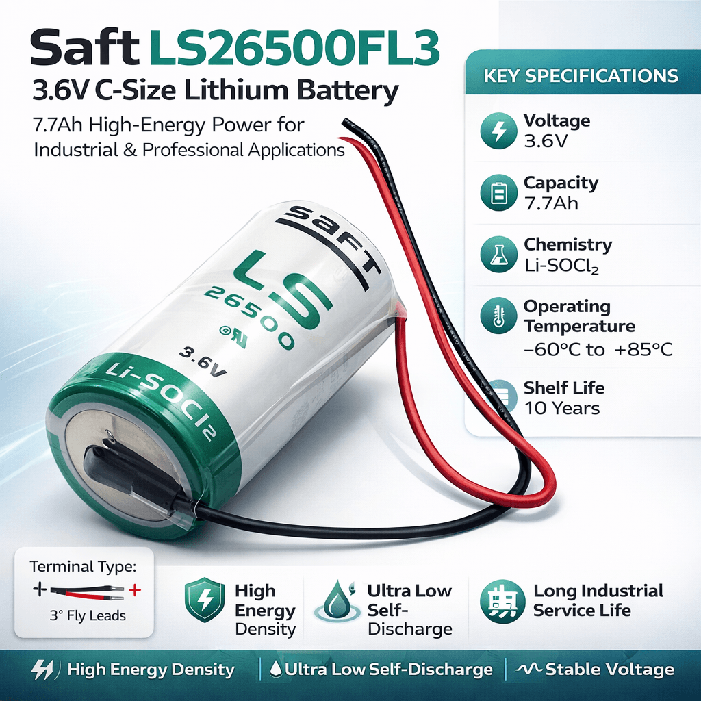 Saft Ls26500 3.6v C-size Battery With 3" Fly Leads, 3600mah Saft Batteries Saft Lithium Batteries