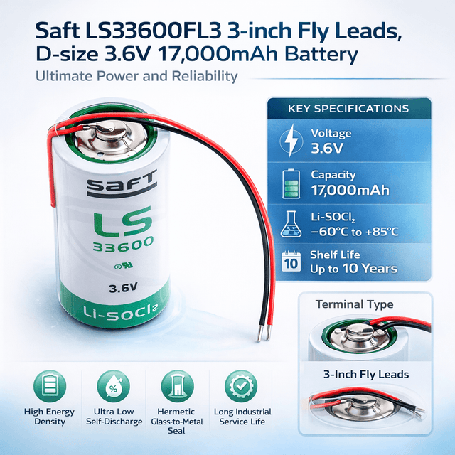 Saft Ls33600 3-inch Fly Leads, D-size 3.6v 17000mah Battery Saft Batteries Saft Lithium Batteries