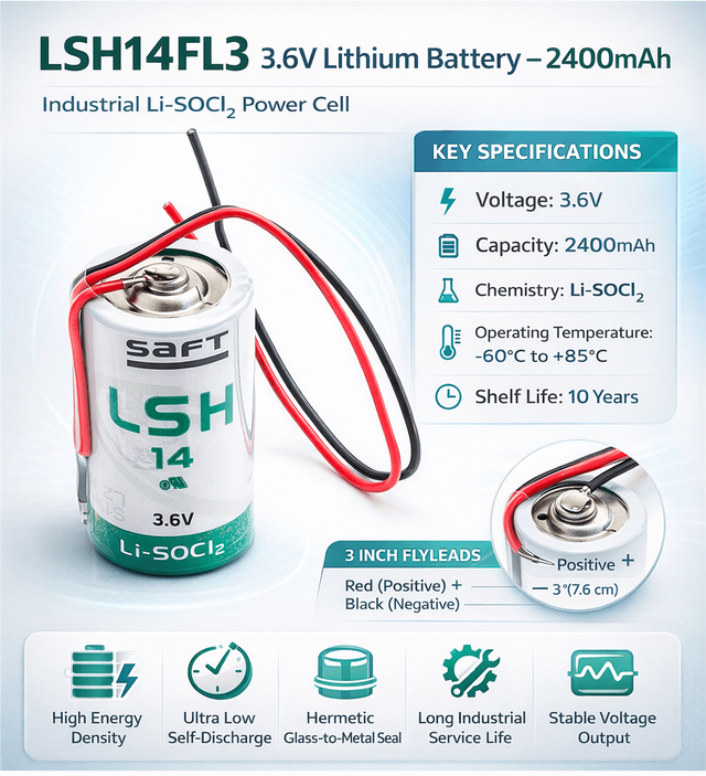 Saft Lsh14,c Size Battery 3.6v, 5800mah With 3 Inch Fly Leads Saft Batteries Saft Lithium Batteries