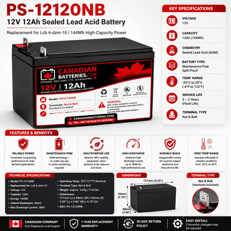 12V, 12Ah, replacement battery for Lcb 6-dzm-10 with Nut & Bolt terminals Sealed Lead Acid (Special) CB Range