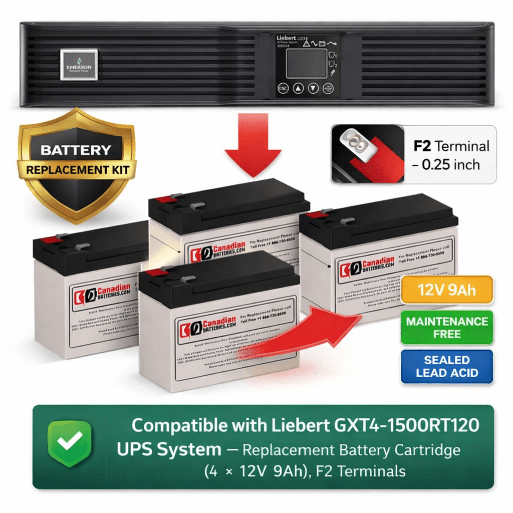 Liebert GXT4-1500RT120 UPS System, Battery Cartridge 4 X 12v 9ah UPS Batteries CB Range
