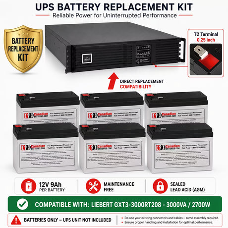 Liebert GXT3-3000RT208 UPS Replacement Battery Kit 6 x 12V 9Ah AGM UPS Batteries CB Range