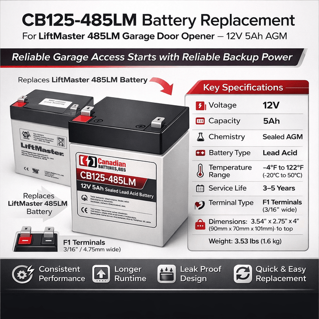Liftmaster 485LM garage door opener battery, 12V 5Ah Sealed Lead Acid CB Generic