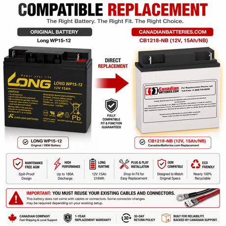 LONG WP15-12 Replacement Battery 12V 15Ah AGM NB Terminals Sealed Lead Acid CB Generic