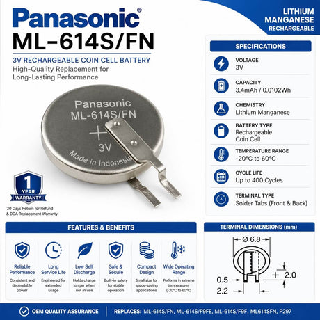 Battery For Panasonic Ml-614s/f9fe , Ml614s-f9f , Ml614s-f9fe 3v, 3.4mah - 0.0102wh Coin Cell Batteries Panasonic