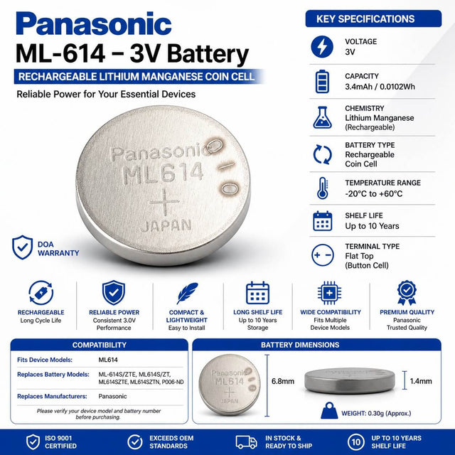 Battery For Panasonic ML-614S/ZTN, ML614S/ZTN, ML614SZTN, 3v, 3.4mah - 0.0102wh Coin Cell Batteries Panasonic