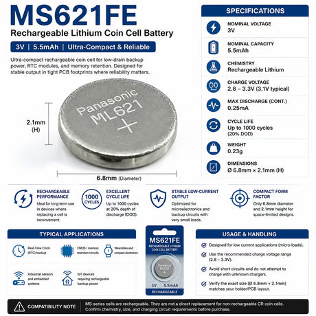 Alternative Battery For Panasonic ML-621S/ZTN - Seiko MS621FE 3v, 5mah - 0.015wh Coin Cell Batteries Panasonic