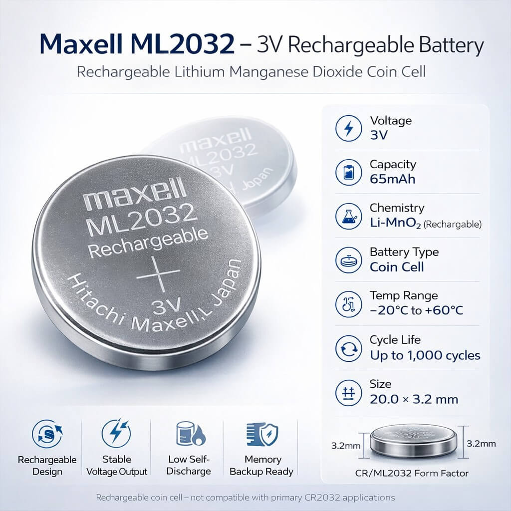 Maxell ML2032 3V Rechargeable Lithium Coin Cell Battery – 65mAh | Direct Replacement for Panasonic ML2032 Coin Cell Batteries Panasonic