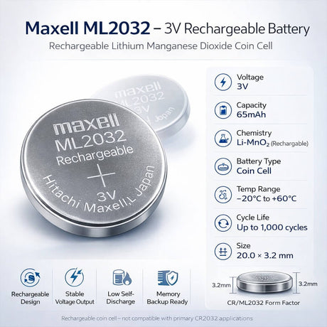 Maxell ML2032 3V Rechargeable Lithium Coin Cell Battery – 65mAh | Direct Replacement for Panasonic ML2032 Coin Cell Batteries Panasonic
