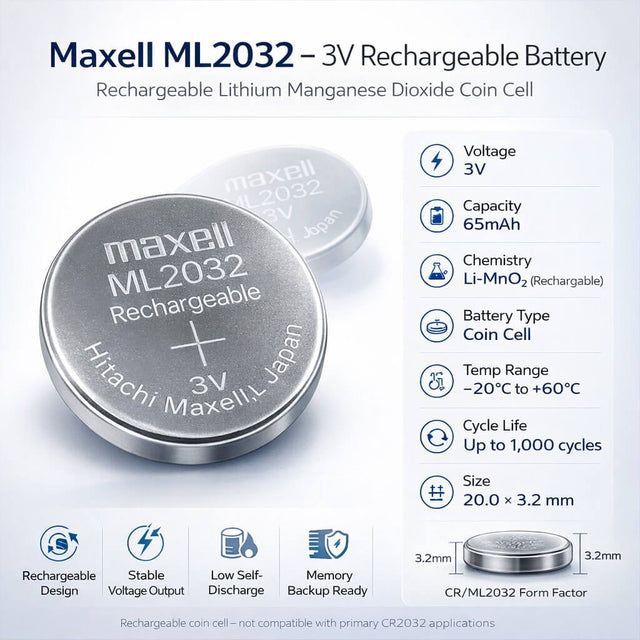 Maxell ML2032 3V Rechargeable Lithium Coin Cell Battery – 65mAh | Direct Replacement for Panasonic ML2032 Coin Cell Batteries Panasonic