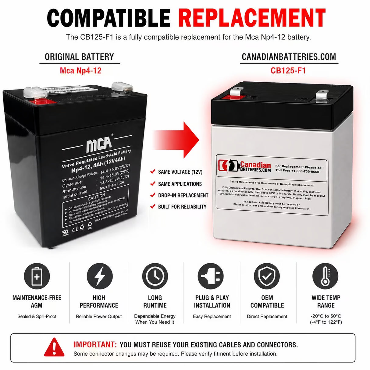 12V, 4Ah, replacement battery for Mca Np4-12 with F1 terminals Sealed Lead Acid CB Generic