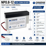 12V, 0.8Ah, battery for AlarmForce Home Alarm Compatible, with J2/JST terminals Sealed Lead Acid (Special) CB Generic