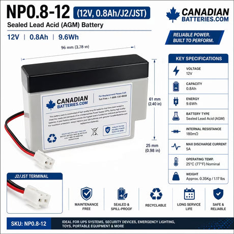 12V, 0.8Ah, replacement battery for Koyosonic Np0.8-12 with J2/JST terminals Sealed Lead Acid (Special) CB Generic
