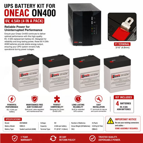Oneac On400 UPS Battery Replacement Kit 6V 4.5Ah AGM 4 Pack UPS Batteries CB Range