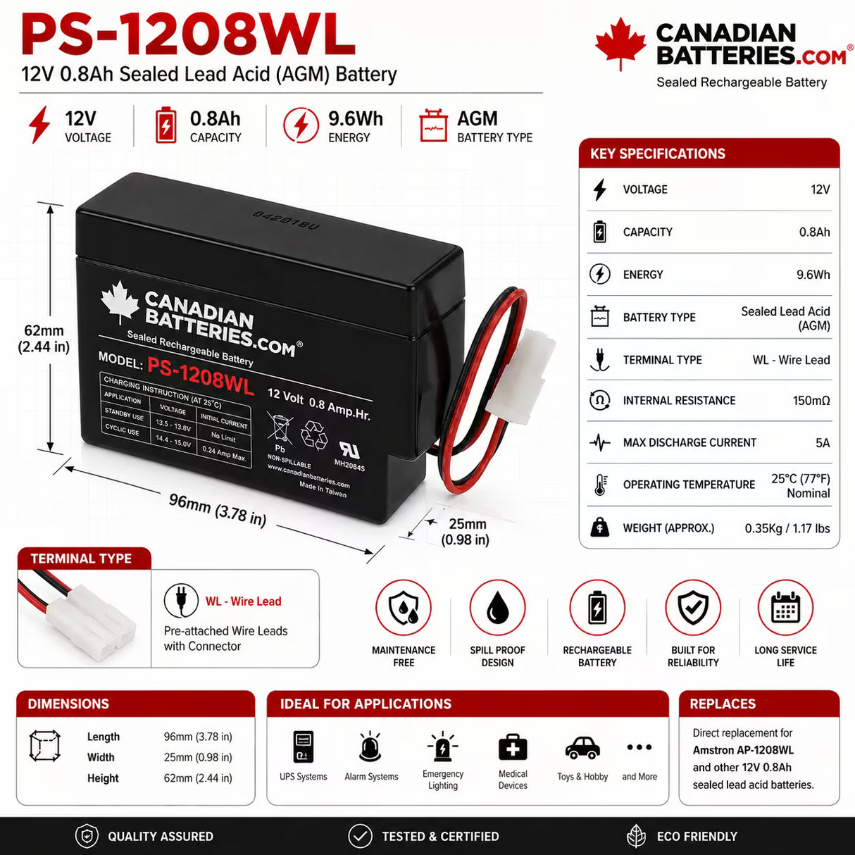 Amstron AP-1208WL Replacement Battery 12V 0.8Ah AGM WL Sealed Lead Acid (Special) CB Generic