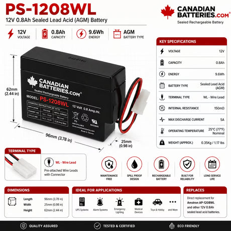 Amstron AP-1208WL Replacement Battery 12V 0.8Ah AGM WL Sealed Lead Acid (Special) CB Generic