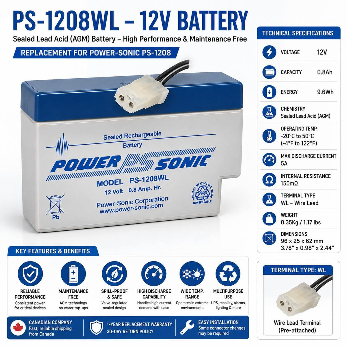 12V, 0.8Ah, replacement battery for Power-sonic Ps-1208 with WL - Wire Lead terminals Sealed Lead Acid (Special) CB Generic