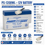 12V, 0.8Ah, replacement battery for Power-sonic Ps-1208 with WL - Wire Lead terminals Sealed Lead Acid (Special) CB Generic