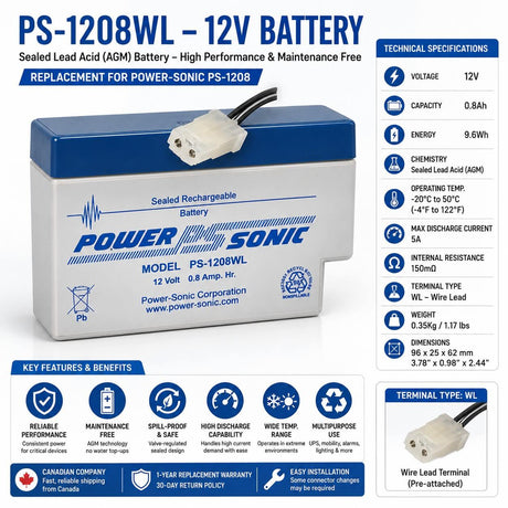 12V, 0.8Ah, replacement battery for Power-sonic Ps-1208 with WL - Wire Lead terminals Sealed Lead Acid (Special) CB Generic