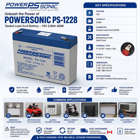 Powersonic PS-1228 Battery – 12V 2.8Ah Sealed Lead Acid AGM Battery Sealed Lead Acid (Special) Power-Sonic