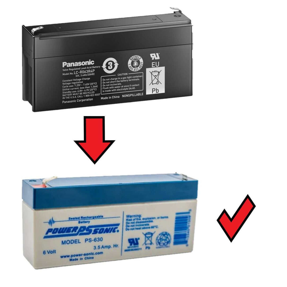 Powersonic 6 Volt 3.5 Amp Hour Sealed Lead Acid Battery replaces Panasonic LC-R063R4P Sealed Lead Acid Power-Sonic