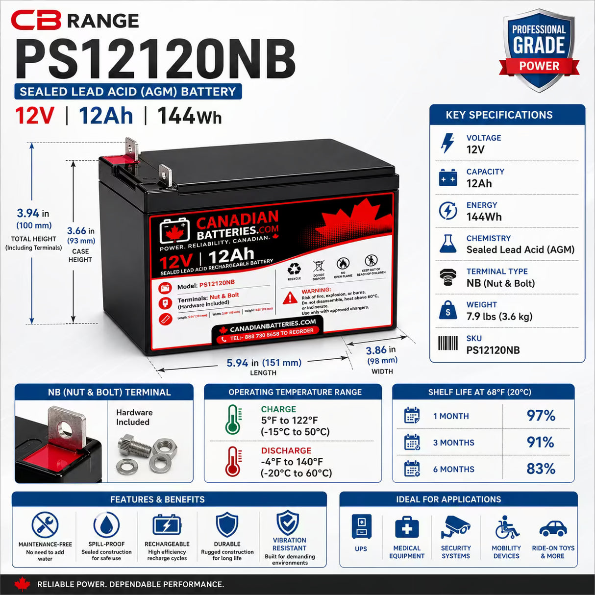 12V, 12Ah, replacement battery for Chilwee 6-dzm-12 with Nut & Bolt terminals Sealed Lead Acid (Special) CB Range