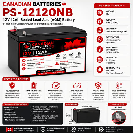 12V, 12Ah, replacement battery for Tempest Tr12-12a with Nut & Bolt terminals Sealed Lead Acid (Special) CB Range