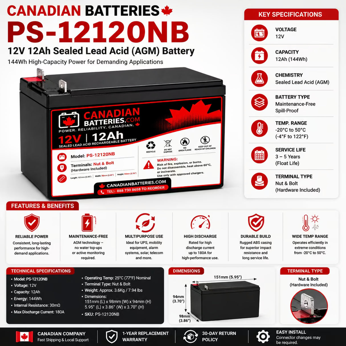 12V, 12Ah, replacement battery for Chilwee 6-dzm-12 with Nut & Bolt terminals Sealed Lead Acid (Special) CB Range