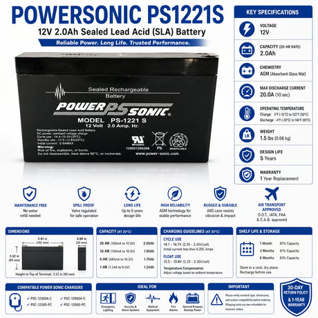 PowerSonic PS1221S Replacement Battery 12V 2Ah AGM SLA Sealed Lead Acid (Special) Powersonic