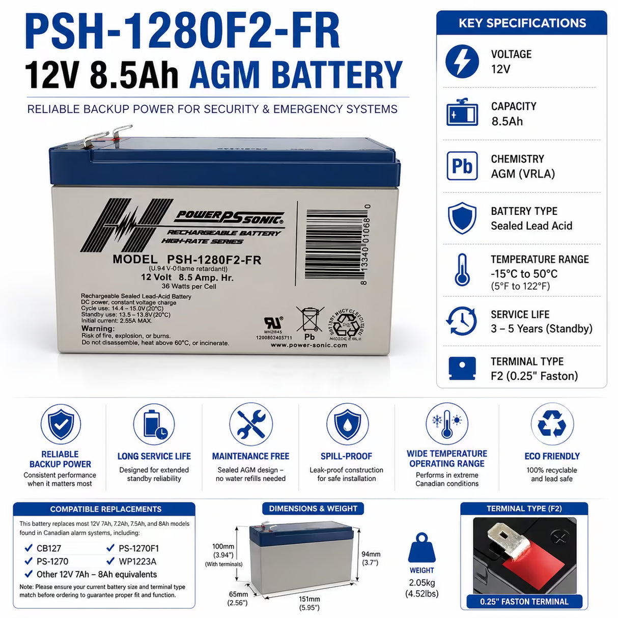 Powersonic Psh-1280fr Sealed Lead Acid Battery 12v 8.5ah Sealed Lead Acid (Special) Power-Sonic