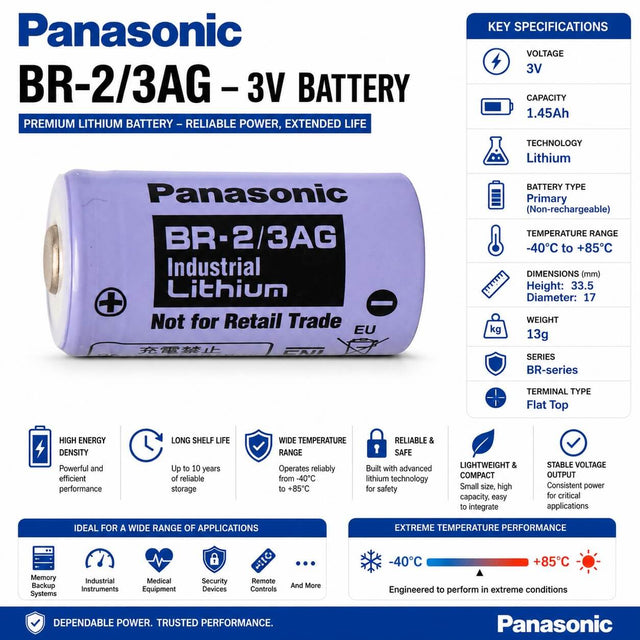 Panasonic BR-2/3AG Lithium Battery Bare Cell 3V 1.45Ah Primary Cell Other CB Range Bare Cell