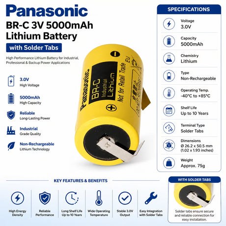 Panasonic BR-C 3V 5000mAh Lithium Battery Button Top Other Panasonic With Tabs