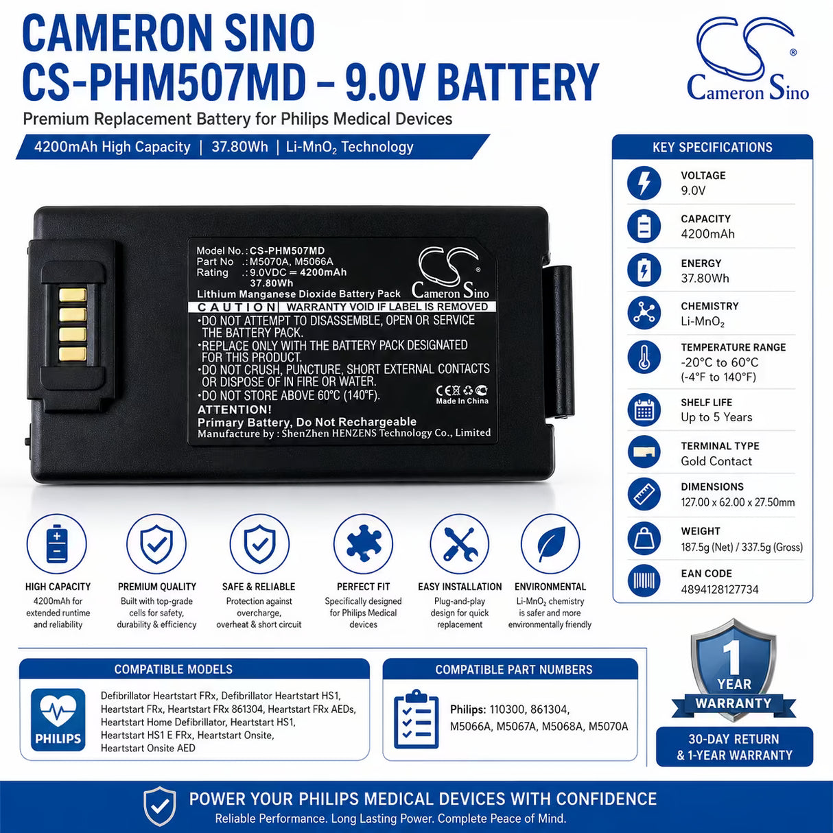 Philips M5070A Replacement Battery 9V 4200mAh Li-MnO2 AED Medical Cameron Sino Technology Limited (Medical)